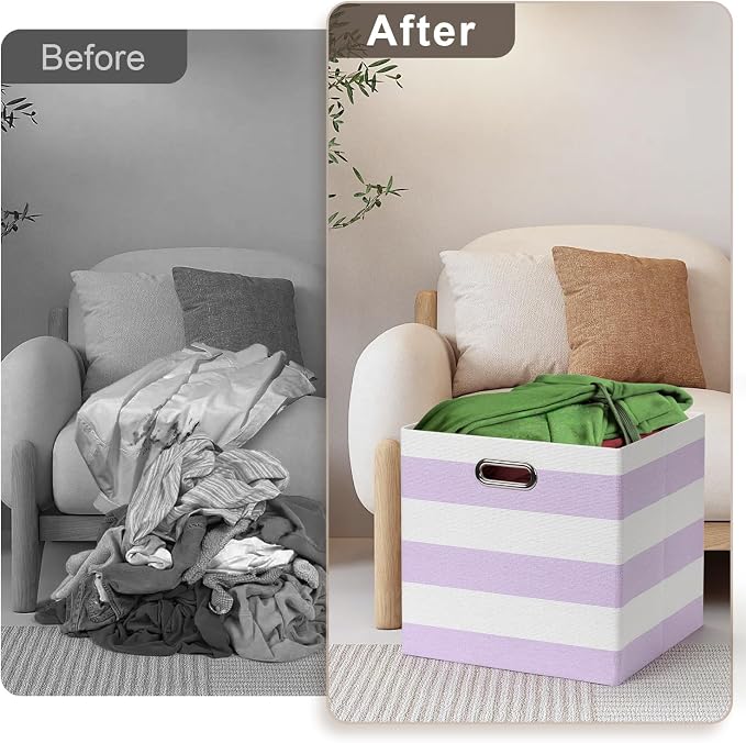 Posprica Storage Bins Storage Cubes,13×13 Collapsible Storage Boxes Containers Organizer Baskets for Nursery,Office,Closet,Shelf - 4pcs,Purple-white Striped
