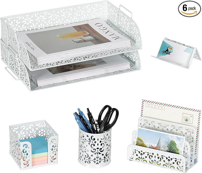 EasyPAG Desk Organizers and Accessories 5 Pieces Office Supplies Set - 2 Tier Paper Tray, Pencil Organizer for Desk, Mail Sorter Countertop, Business Card Holder and Sticky Note Holder, White