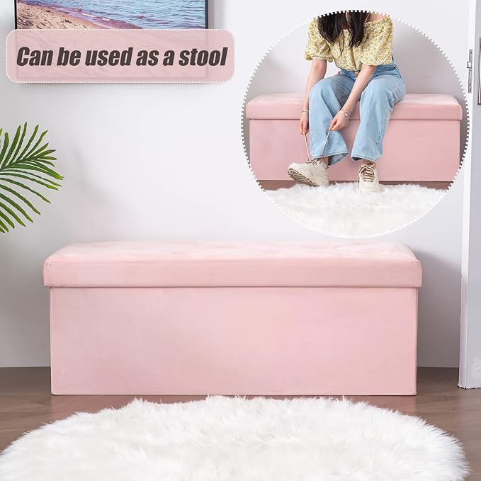 BRIAN & DANY 43 Inches Folding Storage Ottoman Bench, Velvet Ottoman with Storage for Living Room, Bedroom, Entryway, Ottoman Foot Rest, End of Bed Bench (Pink)