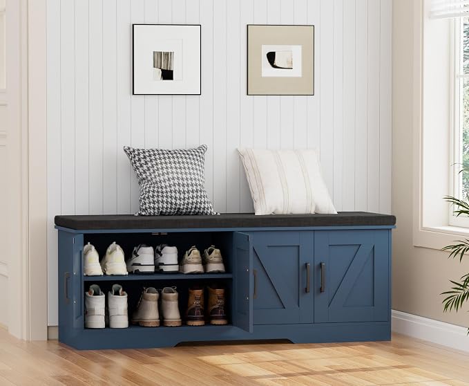 HOMSHO Farmhouse Shoe Storage Bench with 4 Barn Doors & Padded Seat Cushion | 47.2" Wide Entryway Bench with Adjustable Shelves & Hidden Storage, Blue