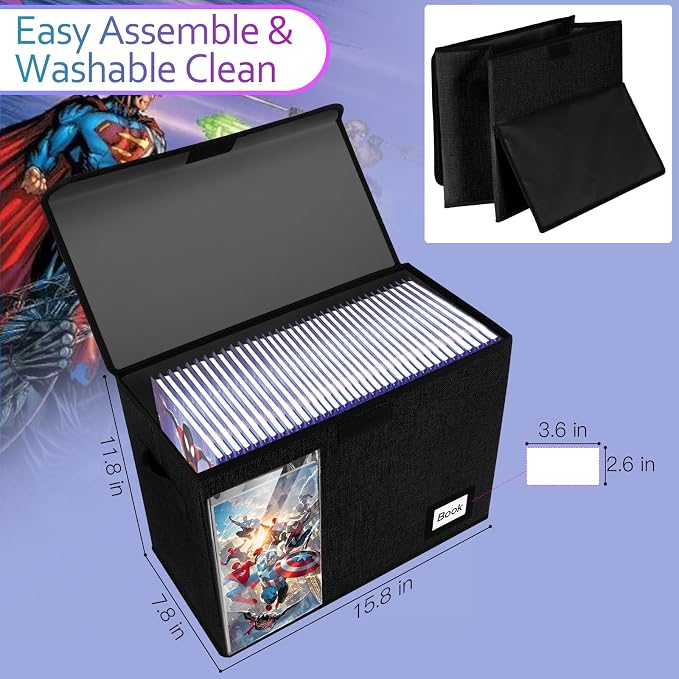 Display Comic Book Storage Box 15.8" X 7.8" X 11.8", Collapsible Holds 160-180 Comic Book Bags Organizer Heavy Duty Bin Container Holder Shelf for Comic Book Sleeves and Boards, 10 Pack