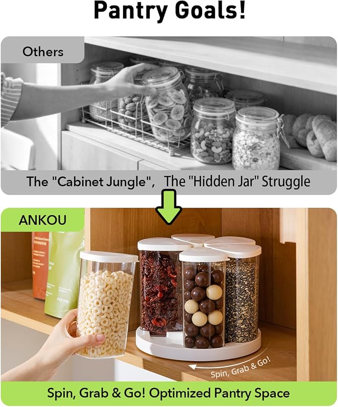 Ankou Rotating Food Storage Containers Set of 6, 23oz (690ml) Clear PET Jars with Dual Pour Lids, 360° Lazy Susan Pantry Organizer for Snacks, Cereal, Nuts, Oats & Dry Foods, Kitchen Grain Dispenser