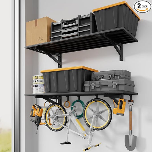 Jusgym 2 Pack Wall Mounted Garage Shelving with 8 Hooks, 1.5x4ft, 500lbs | Heavy Duty Garage Wall Shelving, 7-Bar Square Tube, Metal Floating Shelves, Industrial Storage Rack for Bins, Tools, Bikes