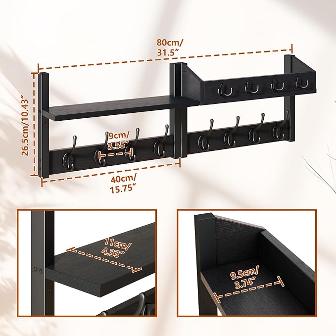 YMYNY 31.5" Coat and Key Rack Wall Mount with Shelf, Black, HWS007B-2 | 4-in-1 Coat and Key Hanger with 12 Metal Hooks, Entryway Wall Shelf with Hooks & Mail Holder for Living Room, Bedroom