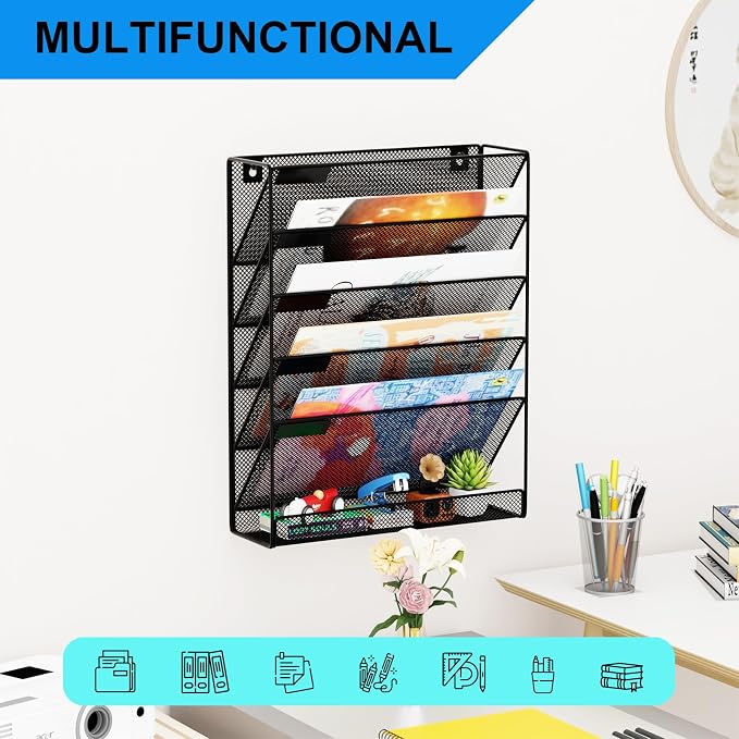Wall File Organizer Holder Mesh Hanging Paper Document Holder,Vertical 6 Pocket Tier for Office Home, Black