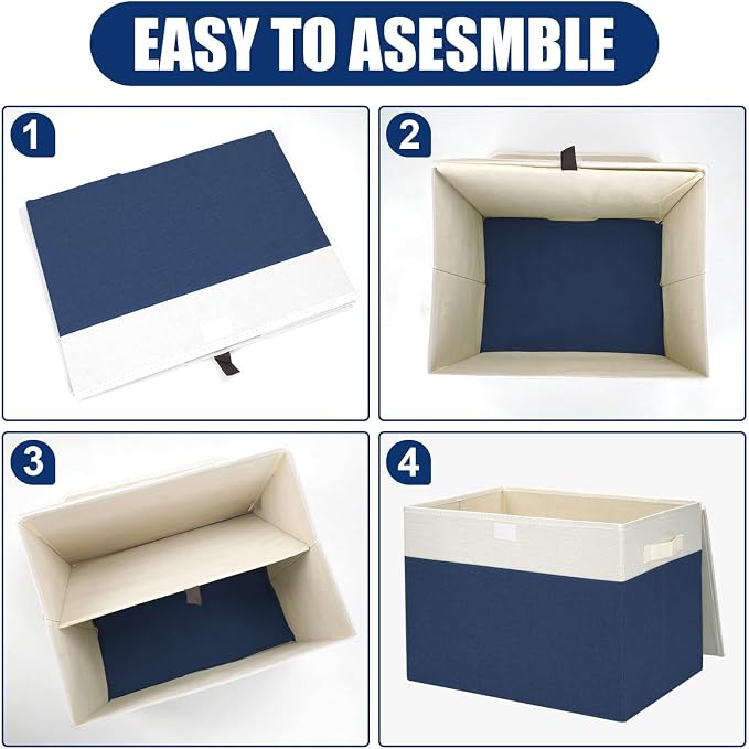 Bagnizer Large 42 Quarts Fabric Storage Bins with Lids [2-Pack] Linen Collapsible Foldable Baskets, Closet Organizer Containers boxes with Handles for Home Office (16.7 x 12 x 12, Navy Blue & White)