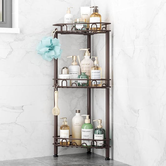 SWTYMIKI Standing Shower Caddy Corner - 3‑Tier Stainless Steel Shower Organizer Shelf with 12 Hooks and Adhesive Pads, Rustproof Corner Shelves Stand Rack for Bathroom Shower Room, Bronze