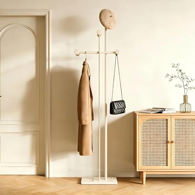 Metal Coat Rack Freestanding for Entryway (White) | Heavy Duty, Marble Base, Metal Frame, Essential Items Organizer for Clothes Bags, for Bedroom Living Room Hotel