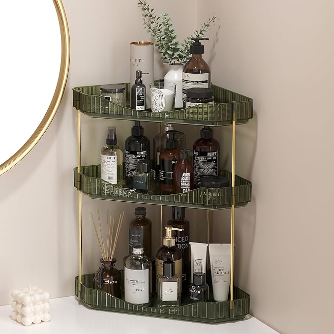 Lifewit 3 Tier Corner Bathroom Counter Organizers and Storage, Green | Plastic Makeup Skincare Organizers Countertop, Large Sink Cosmetic Perfume Shelf for Bedroom, Dresser, Kitchen, Vanity