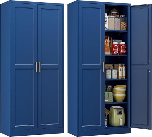 Polup Kitchen Pantry Cabinet, 71 Inch Tall Metal Pantry Cabinet with Doors and Adjustable Shelves, Freestanding Food Cupboard, Storage Cabinets for Dining, Living Room, Navy Blue, Assemble Required