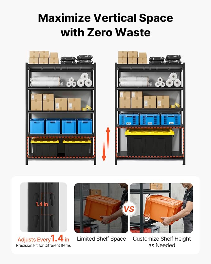 VEVOR Garage Shelving, 5-Tier Adjustable Storage Shelves, 3000 lbs Heavy Duty Garage Shelves, Metal Utility Rack Shelf for Garage Workshop Warehouse Basement, 48.43" W x 20.55" D x 71.38" H