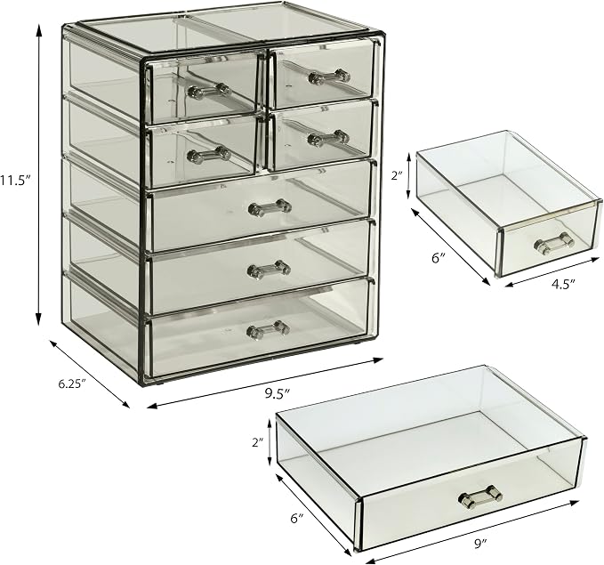 Sorbus Acrylic Makeup Organizer Set, 7-Drawer Vanity & Countertop Cosmetic Storage with Small & Wide Drawers, Black Jewel Makeup Storage for Brushes, Lipsticks, Jewelry, Holiday Gift for Women & Teens