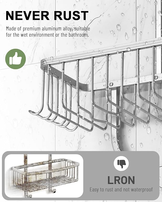 Shower Caddy Hanging - Never Rust Shower Hanging Organizer - Aluminum Over the ShowerHead Caddy with 6 Hooks for Razor/Sponge (Silver)