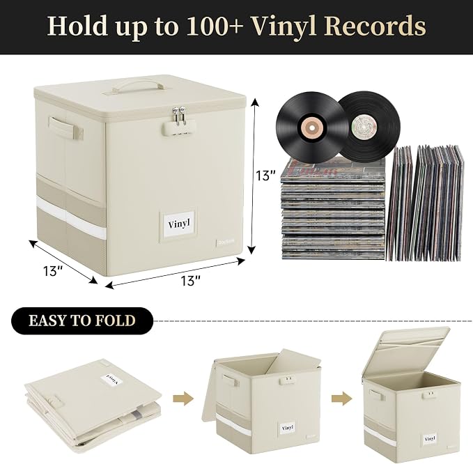 DocSafe Fireproof Vinyl Record Storage Box with Lock, Beige, 13"x13"x13" | Record Organizer for 100+ Single Records(12-inch),Collapsible,with Lid&Handles,Valuable Album Collection,Home&Travel Safe