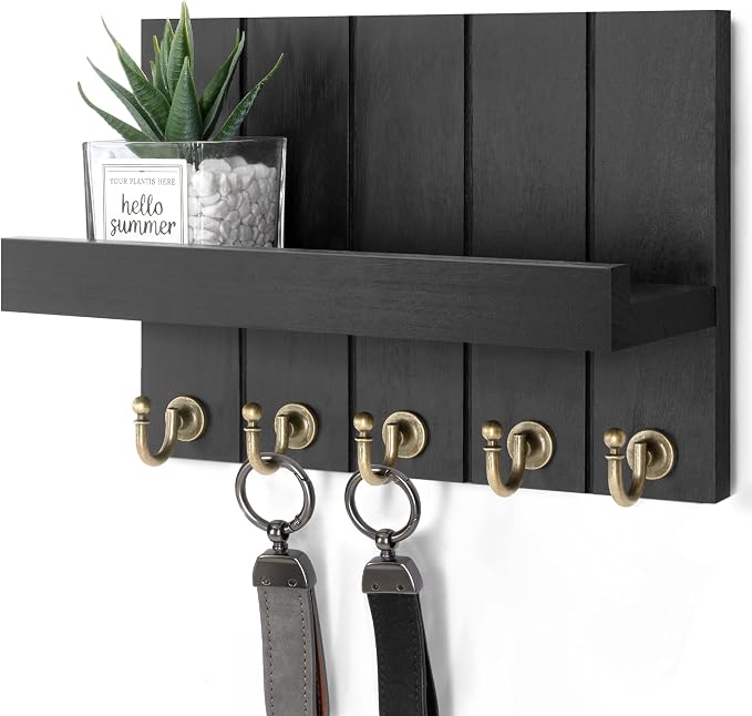Rebee Vision Key Holder Wall Mount with Shelf &Hooks for Living Room, Black | 3.54" x 10"x 7.28", 5 Key Hooks, Floating Shelf, Display Plant, Key Holder for Wall, Apartment Essential