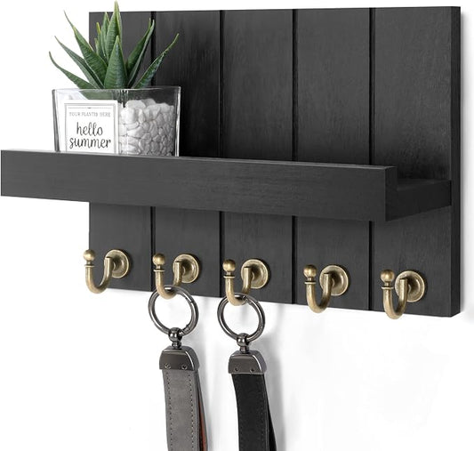 Rebee Vision Key Holder Wall Mount with Shelf &Hooks for Living Room, Black | 3.54" x 10"x 7.28", 5 Key Hooks, Floating Shelf, Display Plant, Key Holder for Wall, Apartment Essential