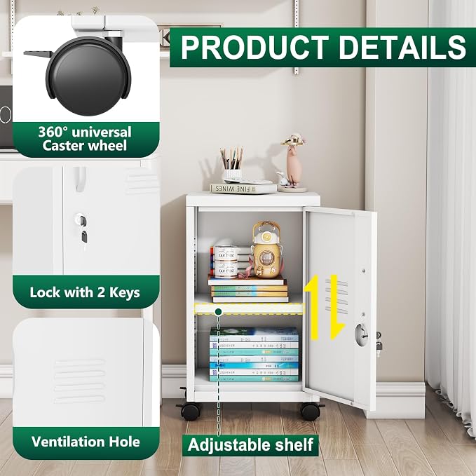 PAOFIN Metal Locker Cabinet,Under Desk Metal Vertical Filing Cabinets with Shelf and Wheels for Home Office Organizer Letters, Employees, White (Required Assembly)