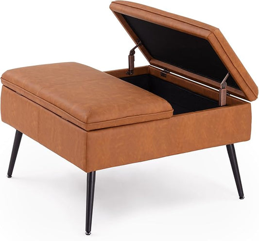 Square Ottoman with Storage Coffee Table Large Upholstered Cognac | Mid-Century Modern Ottoman w/ Double Flip-Lid Metal Legs Padded Seat for Living Room Bedroom, Faux Leather, Loads 660 lbs