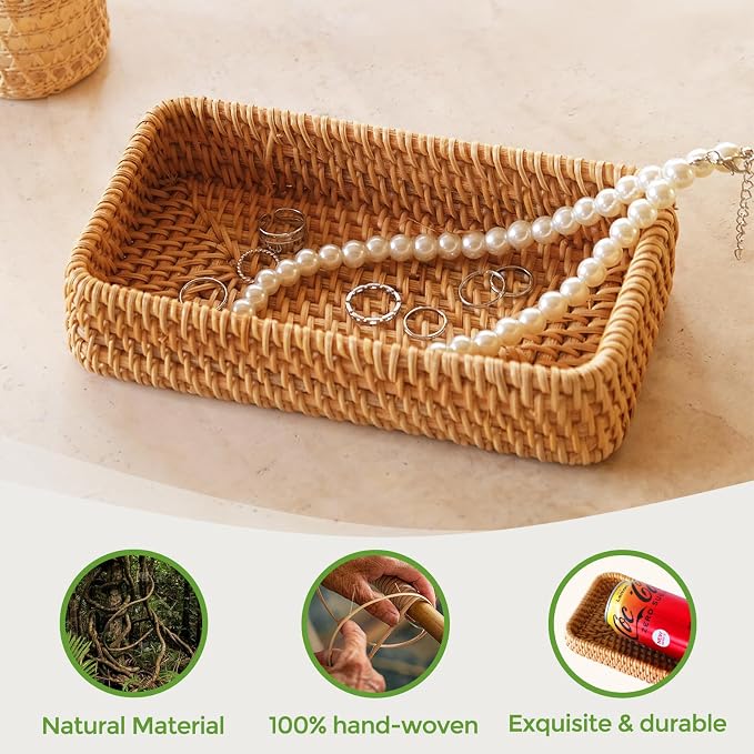Small Rattan Serving Tray, Natural Wicker Decorative Tray (8.2" × 4.3") | Handwoven Tray for Trinket Ring Cosmetic, Rectangle Keys Basket Jewelry Perfume Trays for Coffee Table Entryway Living Room