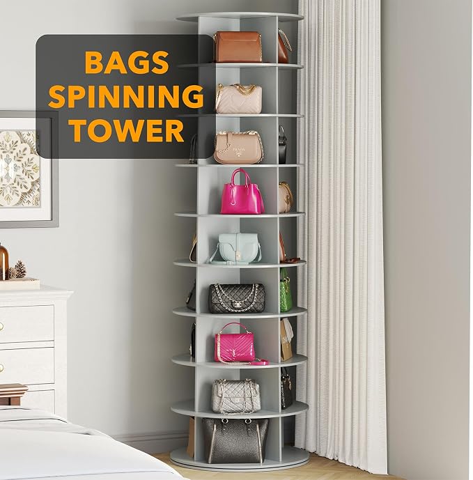 SpaceAid 9 Tier Rotating Shoe Rack Tower, Spinning Shoe Display Lazy Susan, Revolving 360 Shoe Rack Storage Round Carousel, Vertical Handbag Rotate Shoes Closet Organization (9-Tier Gray)