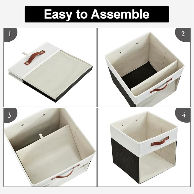 Storage Cubes, 4 Pack Linen Foldable Storage Bins (13 x 13 inch) with Clear Window and Handles, Fabric Organizer for Shelf Closet, Clothes, Books - (Black and White)