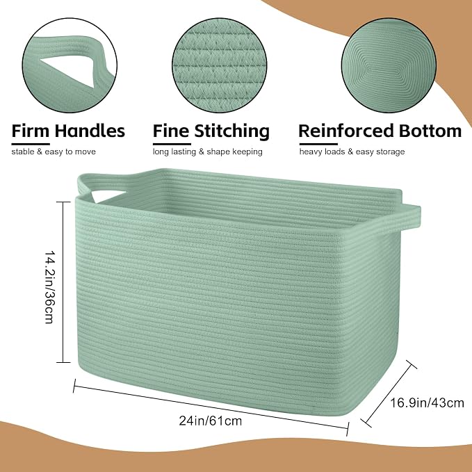 OIASKET 95L Extra Large Blanket Basket, 24" x 16.9" x 14.2" Woven Storage Basket for Living Room, Rectangle Nursery Blanket Storage for Toys, Towels, Dirty Clothes (Green)