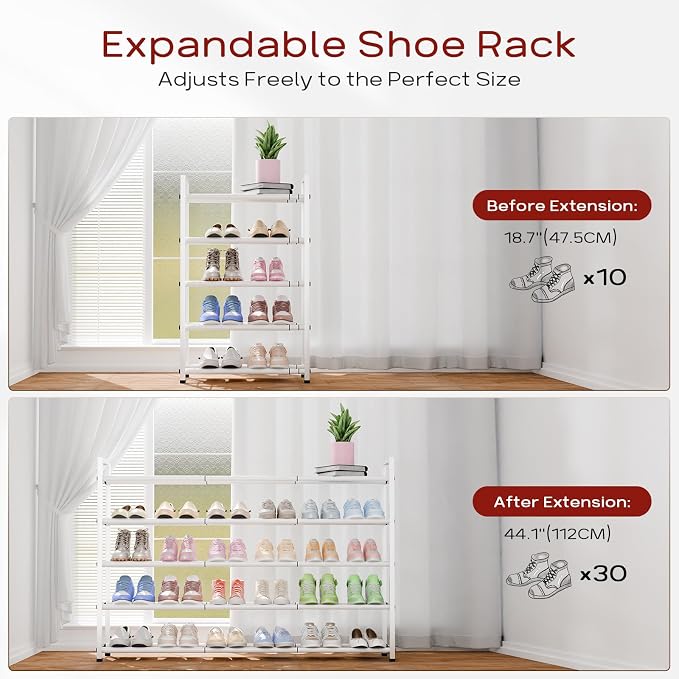 Bumusty 5 Tier Long Expandable Shoe Rack for Closet, White | 18"-44" Adjustable Shoe Rack for Entryway, Shoe Organizer for Dorm, Front Door, Sturdy Metal