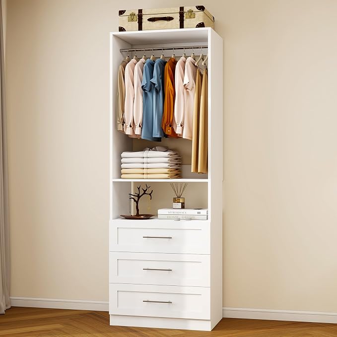 Closet System with 3 Drawers and Hanging Rods, Modular Closet Organizer System with Adjustable & Fixed Rods, DIY Walk in Closet Tower, Closet Organization Systems, White