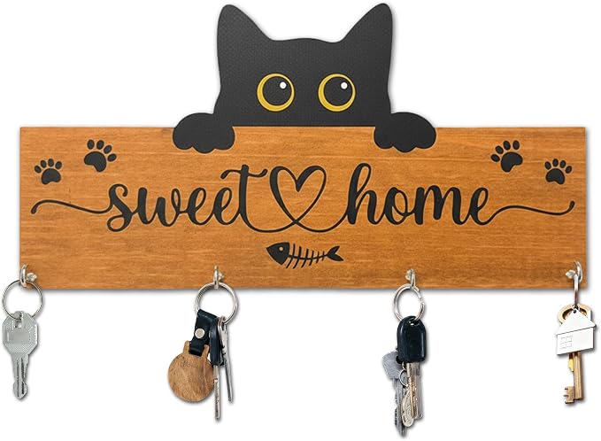 Cat Sweet Home Wooden Key Holder for Wall - 5"x10" Key Organizer Hanger with 4 Hooks for Front Door Hallway Entryway Kitchen - Home Office Decor & Housewarming Gifts Supplies - A07