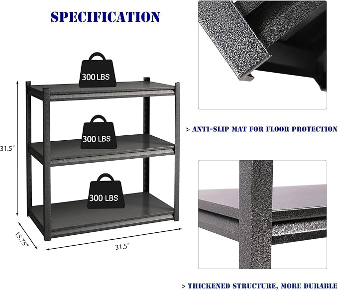 32" W Garage Shelving,900LBS Loads Adjustable Garage Storage Shelves, 3-Tier Metal Storage Racks and Shelving Units, Utility Rack Shelves (16" D x 32" W x 32" H)