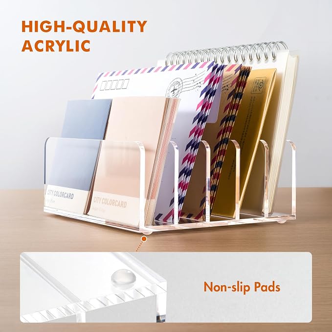 BEYGORM Acrylic Mail Holder, 5 Compartments Multifunction Desk Organizer | Clear Vertical Letter Sorter with Dividers, Modern Office & Home Storage for Bills, Documents & Folders(2 Pack)