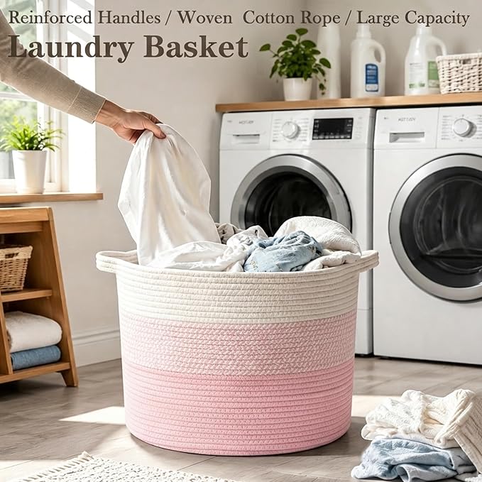 65L Large Blanket Basket,Woven Rope Laundry Basket-Mixed Pink | Collapsible, reinforced handles, nursery storage bin organizes clothes, toys and pillows for living room, bedroom bathroom