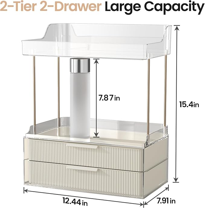 Delamu 4-Tier Makeup Organizer, Bathroom Counter, 2 Drawers,Cream White | Elegant Vanity Organizer Gift for Women, Holds Perfume, Skincare, Nail Polish & Hair Accessories for Bathroom Countertop