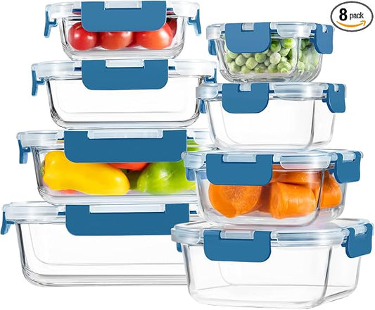 HOMBERKING 8 Pack Glass Food Storage Containers with Lids, Meal Prep Containers, Airtight Bento Boxes with Leak Proof Locking for Microwave, Oven, Freezer and Dishwasher, BPA Free, 5-35oz, Deep blue