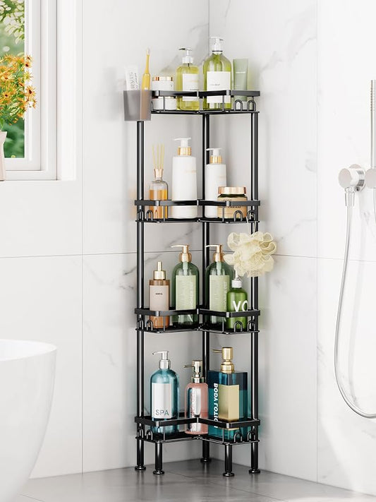 HapiRm Standing Shower Caddy Corner - 4 Tier Corner Shower Organizer with Toothbrush Holder and 16 Hooks, Large Capacity Rustproof Bathroom Shelves for Tall Bottles, Black