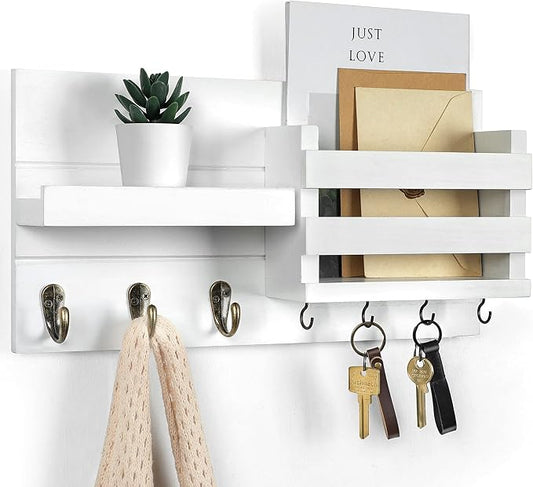 Lwenki Mail Organizer for Wall Mount – Key Holder with Shelf Includes Letter Holder and Hooks for Coats, Dog Leashes – Rustic Wood with Flush Mounting Hardware (16.5” x 8.7” x 3.5”)
