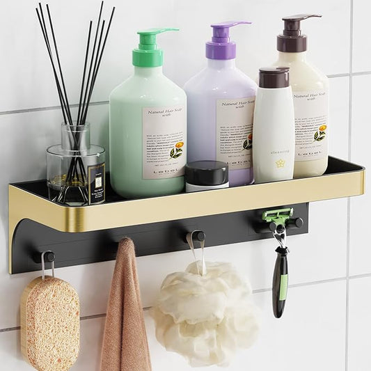 Shower Caddy Adhesive with 5 Hooks & Drainage, No-Drill, Gold | Plastic Wall Bathroom Shelf Rack Organizer, Inside Shower Storage Holder for Bath Accessories, Rustproof Bathroom Shelves