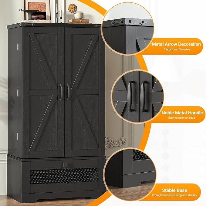 kepptory Farmhouse Pantry Cabinet with Barn Door & Adjustable Shelves, Freestanding Kitchen Storage Cabinet for Dining Room, Bathroom, Hallway (Black)