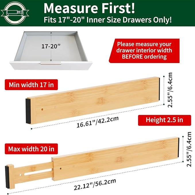 Dunruz Bamboo Drawer Dividers 2.6" High,17"-20" Adjustable Spring Loaded Clothes Drawer Organizers for Kitchen, Dresser, Bathroom, Bedroom and Office
