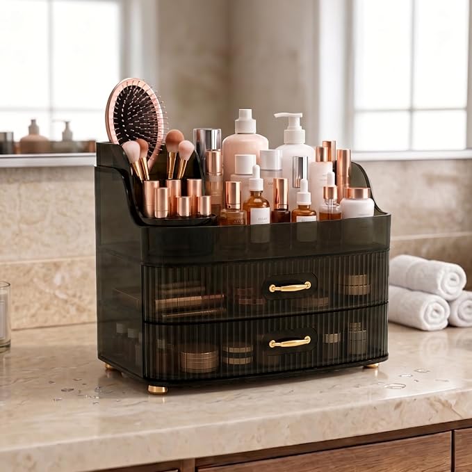 Makeup Organizer for Countertop Vanity Skincare Storage for Perfume Lipstick Bathroom Dresser Desk with Drawers And Brush Holder (Grey)