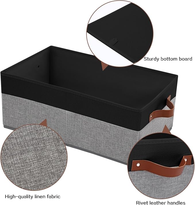 3 Pack Large Capacity Storage Bins Closet Organizer for Shelves | Fabric Closet Storage Baskets Boxes with Leather Handles for Organizing Clothes, Sheets, Jeans, Toys, Books (Black and Grey)