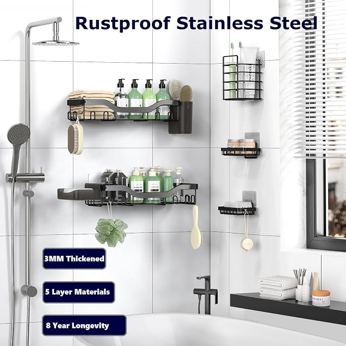 NESOMI 7 Pack Shower Caddy Adhesive,Stainless Steel Shower Organizer Shelf | Rustproof, with Soap Dish Toothbrush Holder, Large Capacity, No-Drill Rack Bathroom Storage Accessories, 24 Hooks, Home Decor