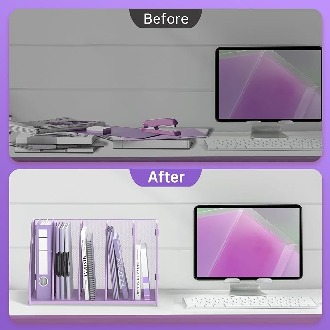SUPEASY Binder Organizer, Magazine File Holder with 5 Vertical Rack, Purple | Metal Desk File Organizer & Binder Holders, Magazine Organizers for Office Desktop, Home, School, Classroom