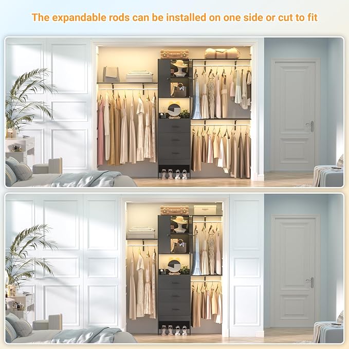 Armocity 96 Inches Closet System with Doors, 8FT Walk In Closet Organizer with 3 Shelving Towers, Heavy Duty Clothes Garment Rack with 3 Wood Drawers, 96" L x 16" W x 80" H, Max Load 1000 LBS, Black