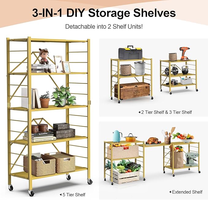 Himix 5-Tier Storage Shelf with Wheels Foldable Expandable Adjustable Gold