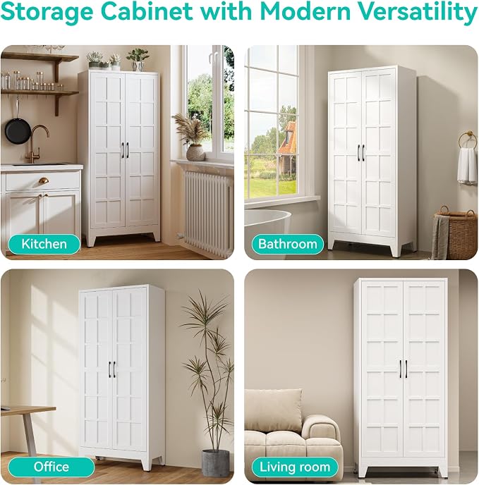 Metal Storage Cabinet with Doors and Adjustable Shelves | 71" Tall Pantry Cabinet for Kitchen Dining Room Bathroom Garage,White,1 Pce