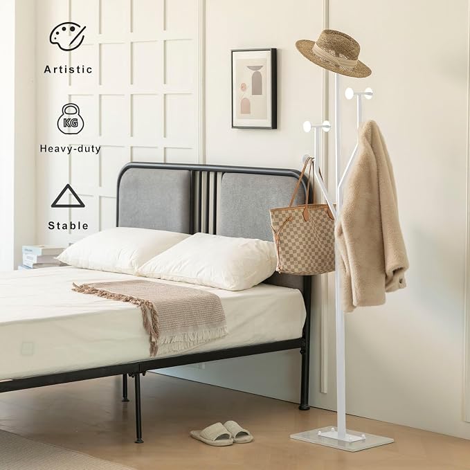 JIAYUEJU Freestanding Coat Rack Coat tree for Entryway Bedroom (White) | Tree-shaped, Easy Assembly, Space Saver, Heavy Duty, Metal Frame, Marble Base, 8 Hooks, Living Room, Office, Corner
