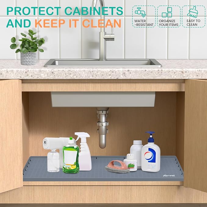 Silicone Under Sink Mat, 34"x22", Waterproof Cabinet Liner, Grey | Shelf Liner, Cabinet Protector, Home Organizer, for Kitchen, Bathroom, Multipurpose, Leak Proof, Easy Clean, Drip Tray, Clean