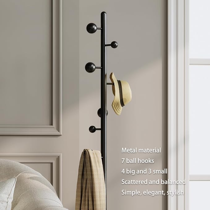 Coat rack freestanding,Coat tree freestanding heavy duty with 7 ball hooks,Coat hanger stand with metal base for entryway hallway bedroom