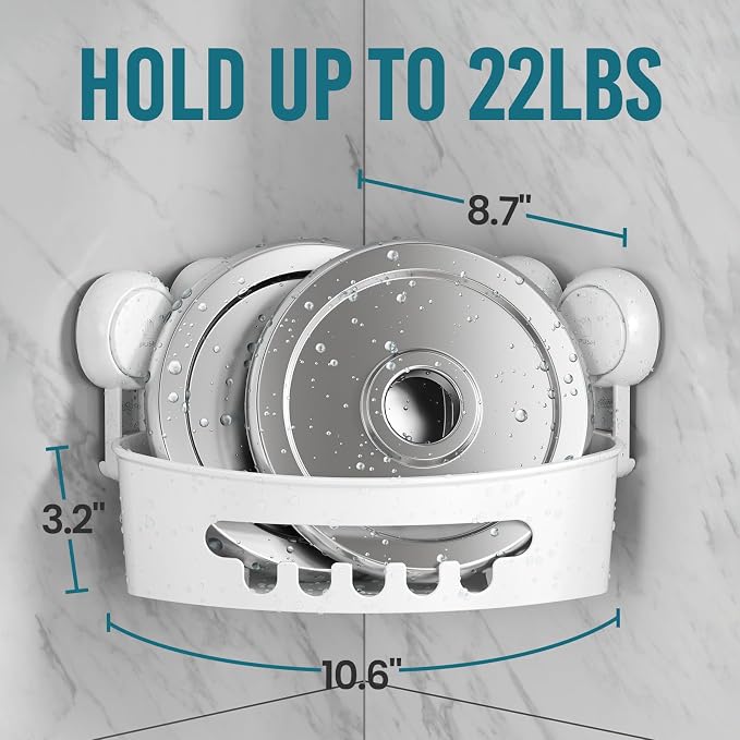 TAILI Corner Shower Caddy with Suction Cups, Wall Mounted Organizer Plastic Rack for Small Bathrooms, Kitchen, Removable Drill-Free Heavy Duty Shelf Basket, White | Plastic Rack, Small Bathroom Caddy, Removable, Drill-Free ,Heavy Duty Shower Basket